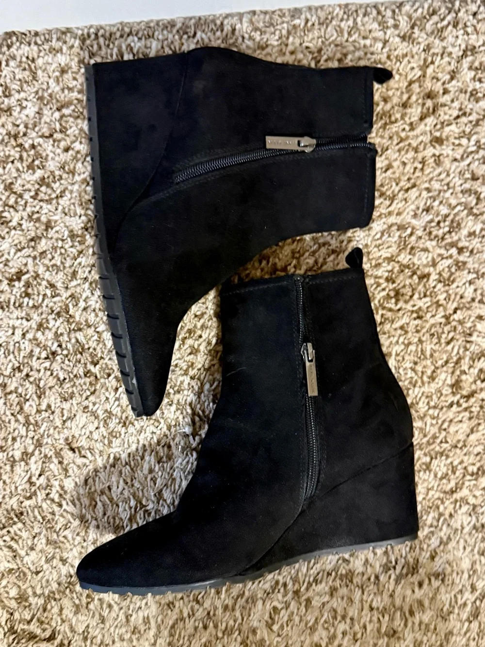 Anne Klein Black Suede Wedge Ankle Boots with Side Zips